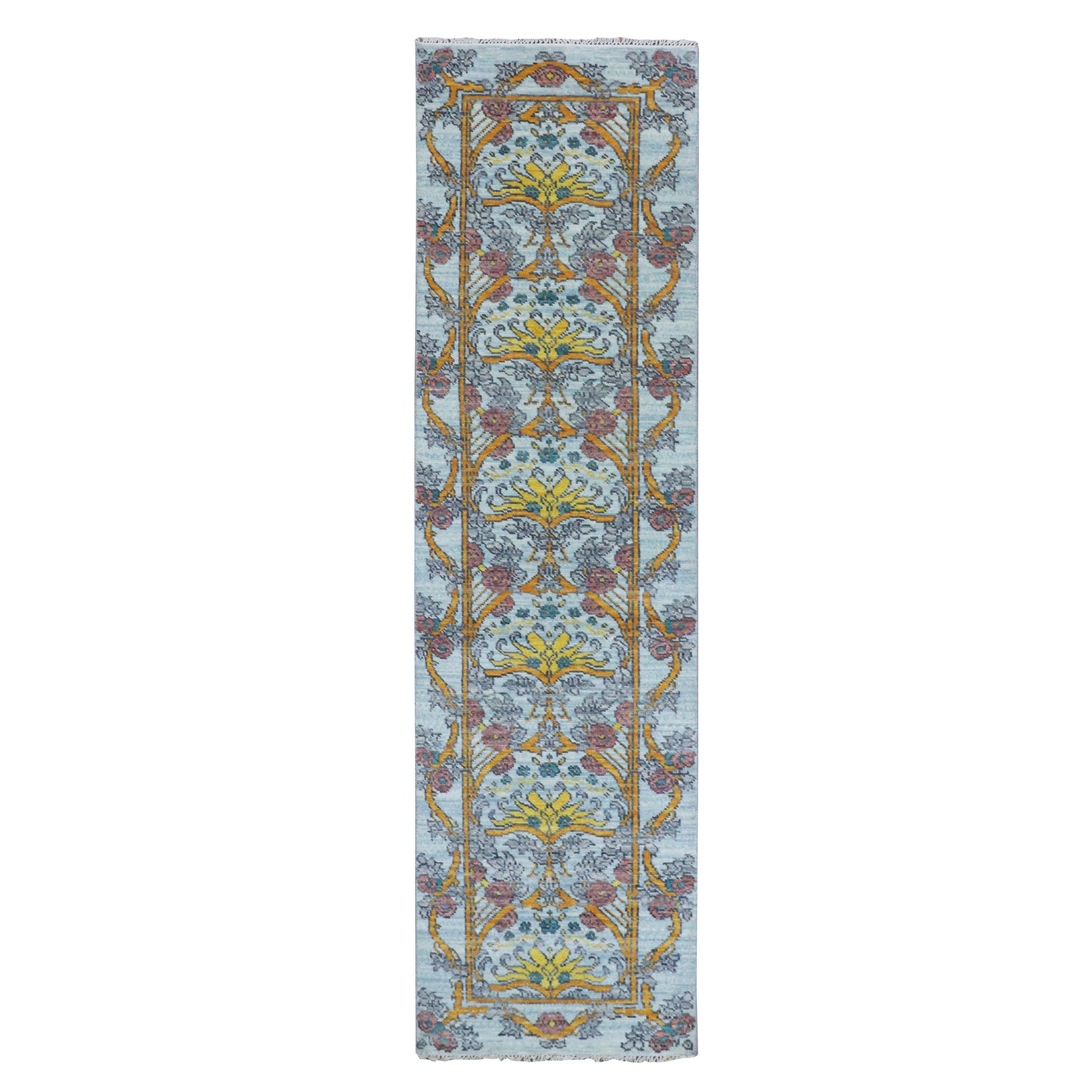 2'8"x9'5" Blueish Gray, William Morris Inspired Arts and Crafts Design, Natural Wool, Hand Knotted, Thick and Plush, Runner, Oriental Rug 